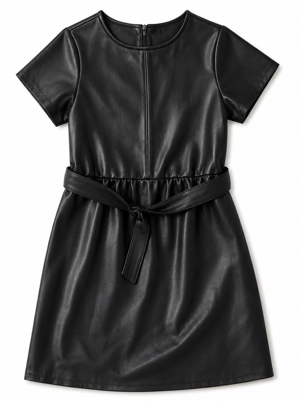 wonder nation Black Faux Leather Short Sleeve Belted Mini Dress